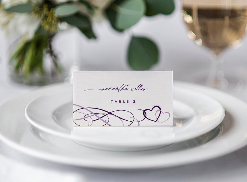 Hearts Wedding Place Card - Plum & Lilac