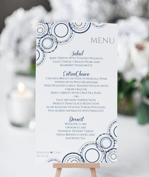 Unique wedding menu template - Boho Bangles in navy & sillver