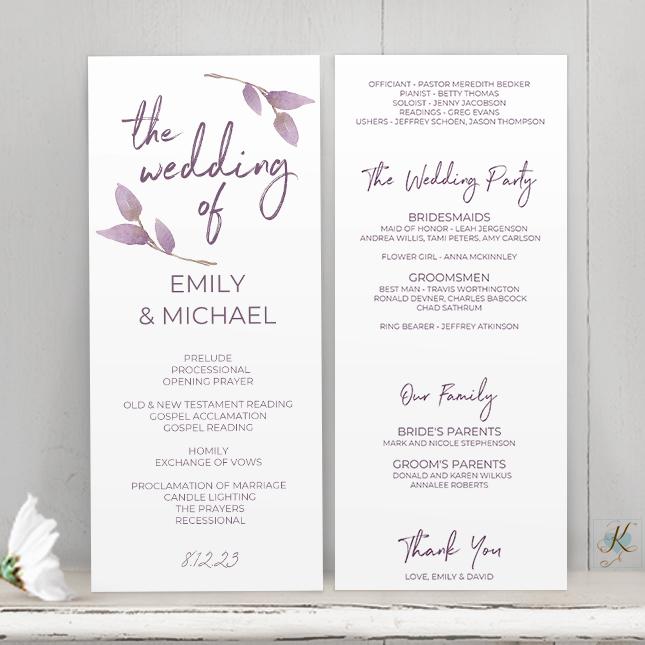 Wedding Program Template | Boho Vines (Dusty Purple) | Tea-Length