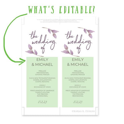 Wedding Program Template | Boho Vines (Dusty Purple) | Tea-Length