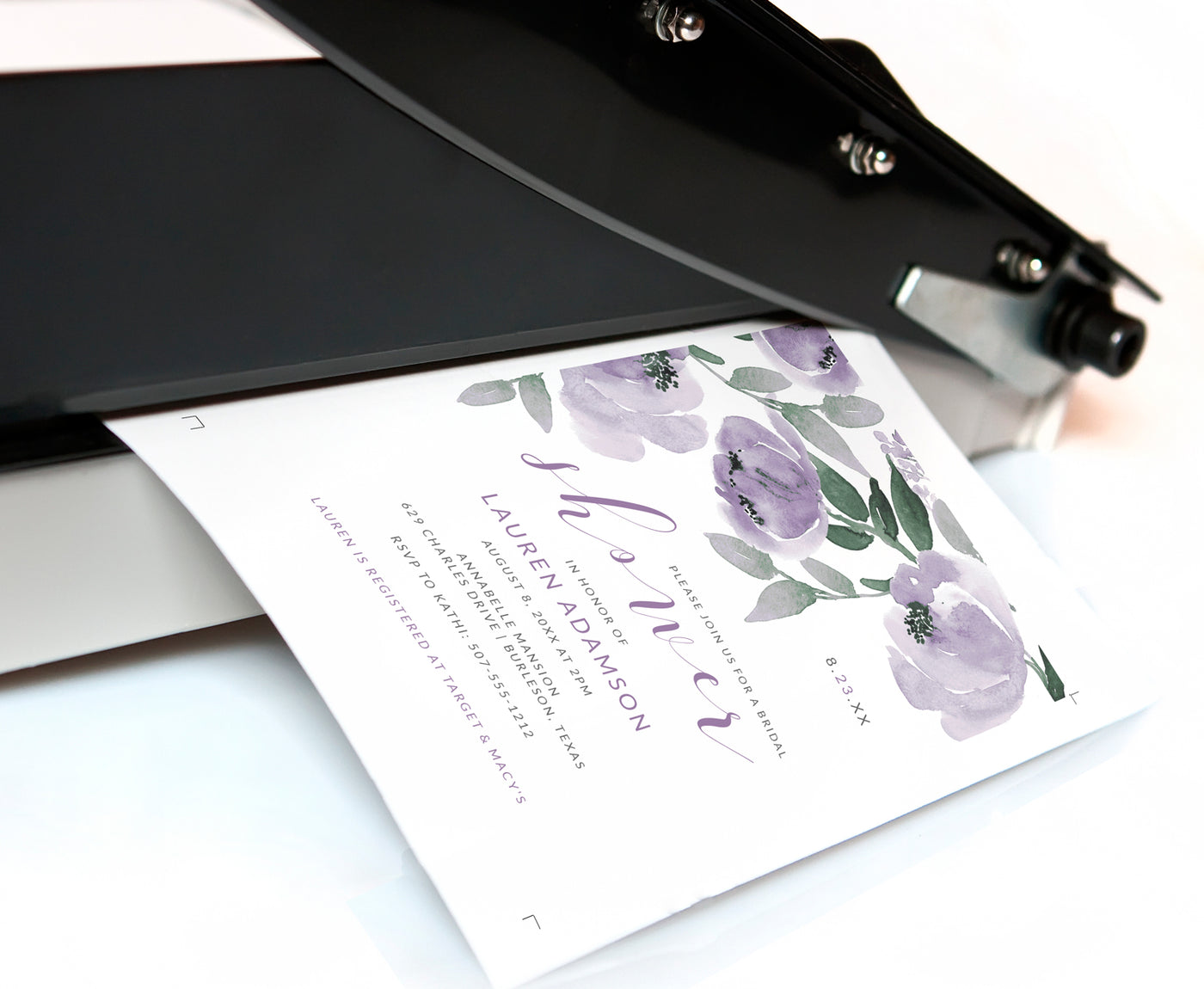 Bridal Shower Invitations Template | 5 x 7 | Soft Purple Watercolor Bouquet | Templett