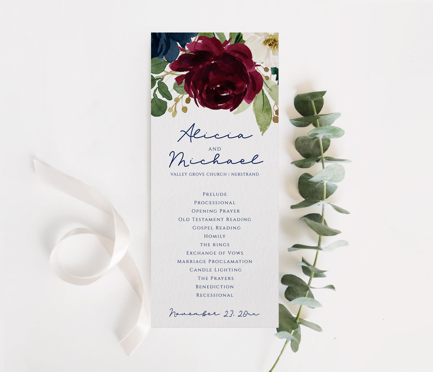 Burgundy & Navy Wedding Program Template | Watercolor Bridal Bouquet | Tea-Length - Templett