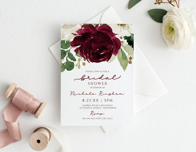 Burgundy Watercolor Floral Bridal Shower Invitations