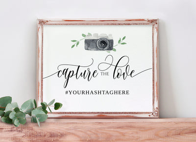 DIY Wedding Hashtag Sign | Share the Love (8x10, 5x7, 4x6) | Flair Calligraphy (Watercolor Camera Design) | Templett