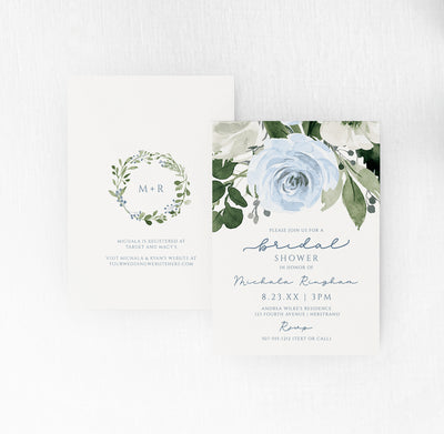 Bridal Shower Invitation Template |  Watercolor Bridal Bouquet (Dusty Blue) | 5 x 7 | Templett