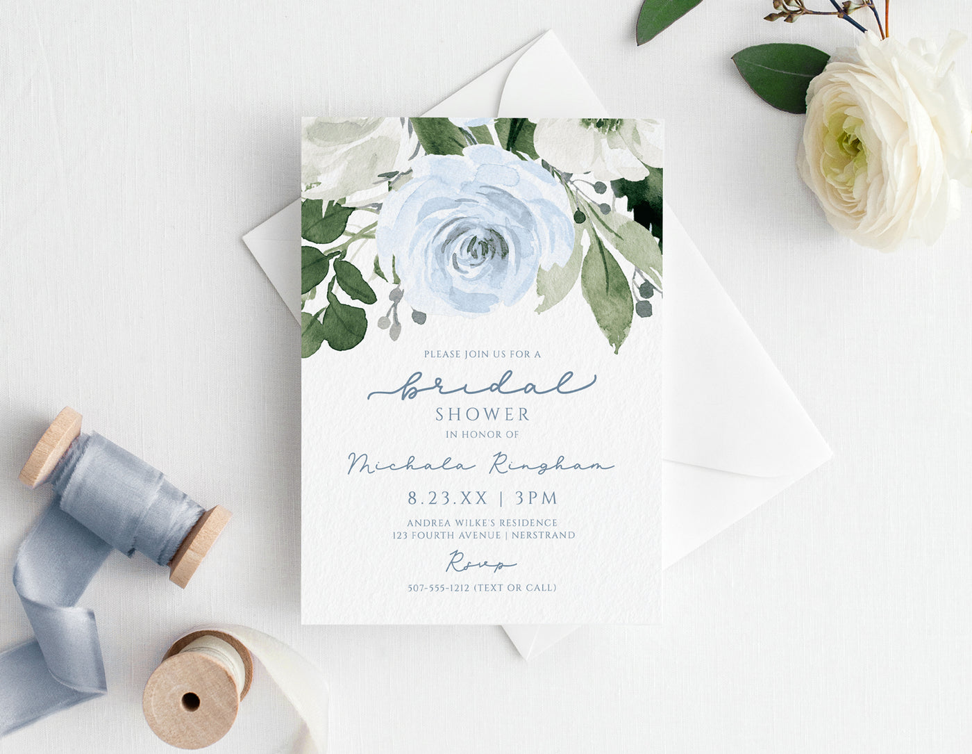Bridal Shower Invitation Template |  Watercolor Bridal Bouquet (Dusty Blue) | 5 x 7 | Templett
