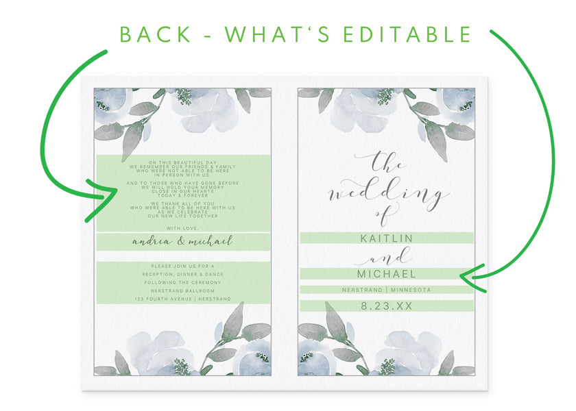 Folded Wedding Program Template | Soft Dusty Blue Watercolor Bouquet | Editable PDF