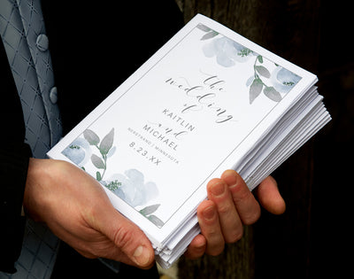 Folded Wedding Program Template | Soft Dusty Blue Watercolor Bouquet | Editable PDF