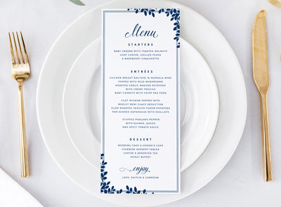 Tall Printable Wedding Menu Template  | Leaf Frame (Navy Blue) 4 x 9.25 | Edit online in Templett