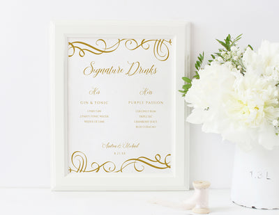 Signature Drinks Wedding Sign in Gold Swirls