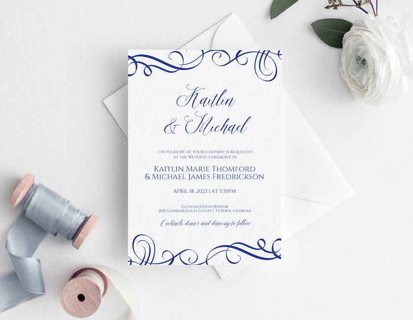 Elegant Swirls Royal Blue Wedding Invitation Template