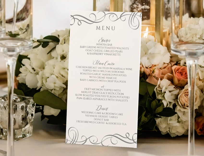 Elegant Wedding Menu Template - EDITABLE TEXT PDF - Elegant Swirls 4 x 7