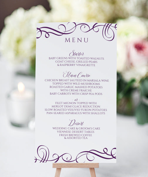 Elegant Wedding Menu Template - EDITABLE TEXT PDF - Elegant Swirls 4 x 7