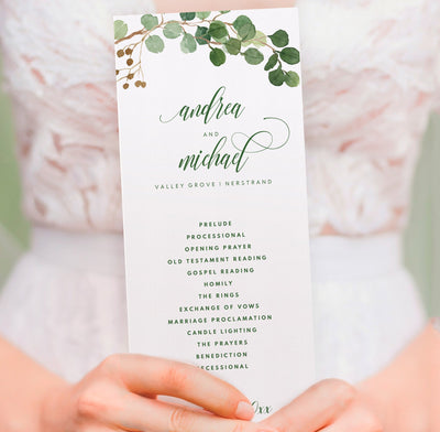 Watercolor Greenery Wedding Program Template