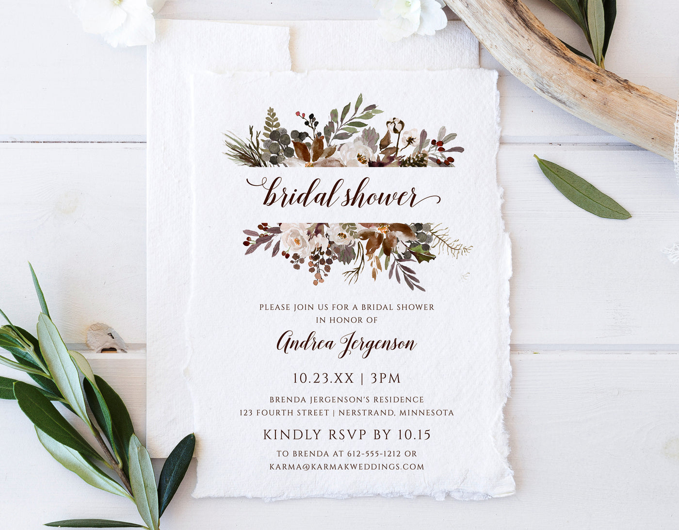 Fall Bridal Shower Invitations Template | 5 x 7 | Autumn Pines Bouquet | Editable Templett