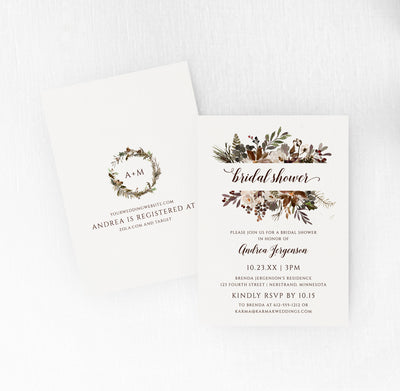 Fall Bridal Shower Invitations Template | 5 x 7 | Autumn Pines Bouquet | Editable Templett