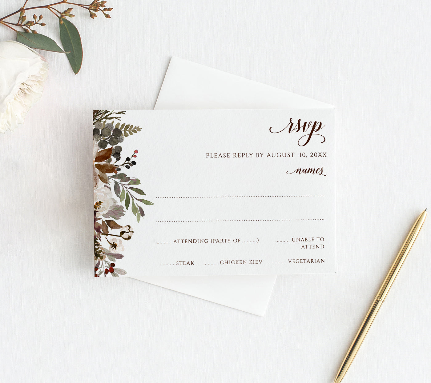 Fall Wedding Invitation Template Suite Set | 5 x 7 | Autumn Pines Bouquet | Templett