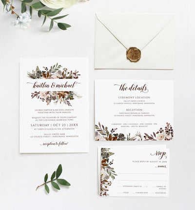 Fall Wedding Invitation Template Suite Set | 5 x 7 | Autumn Pines Bouquet | Templett