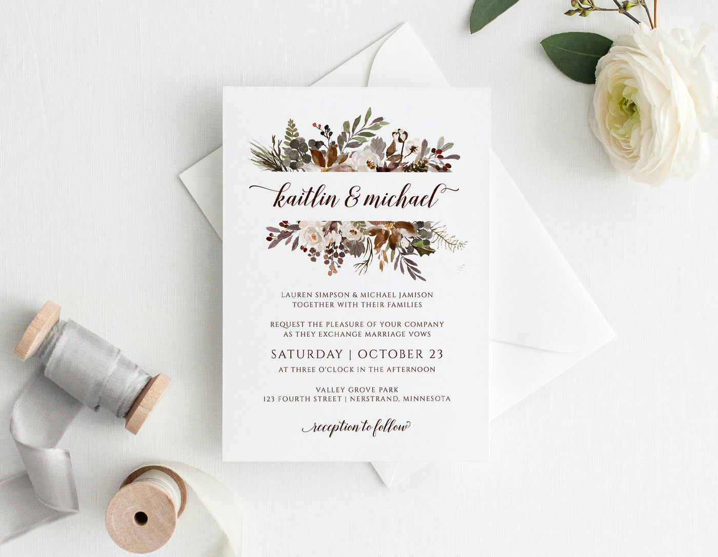 Fall Wedding Invitations Template | 5 x 7 | Autumn Pines Bouquet | Editable Templett