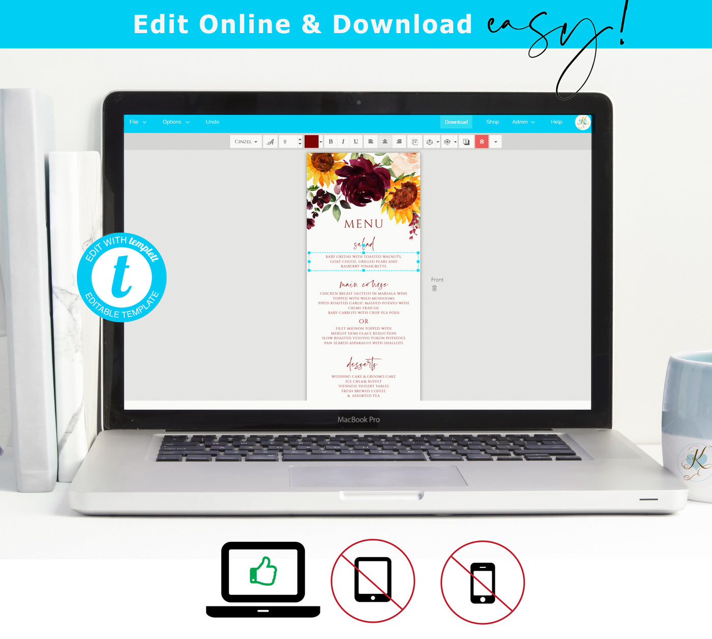Wedding Menu Template | Sunflowers & Burgundy Red Roses |  4 x 9.25 (Tall) | Templett