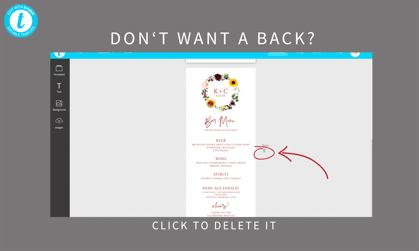 Wedding Menu Template | Sunflowers & Burgundy Red Roses |  4 x 9.25 (Tall) | Templett