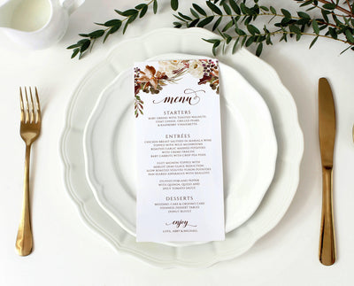 Fall Wedding Menu Template | Autumn Pines Bouquet |  4 x 9.25 (Tall) | Editable Templett PDF