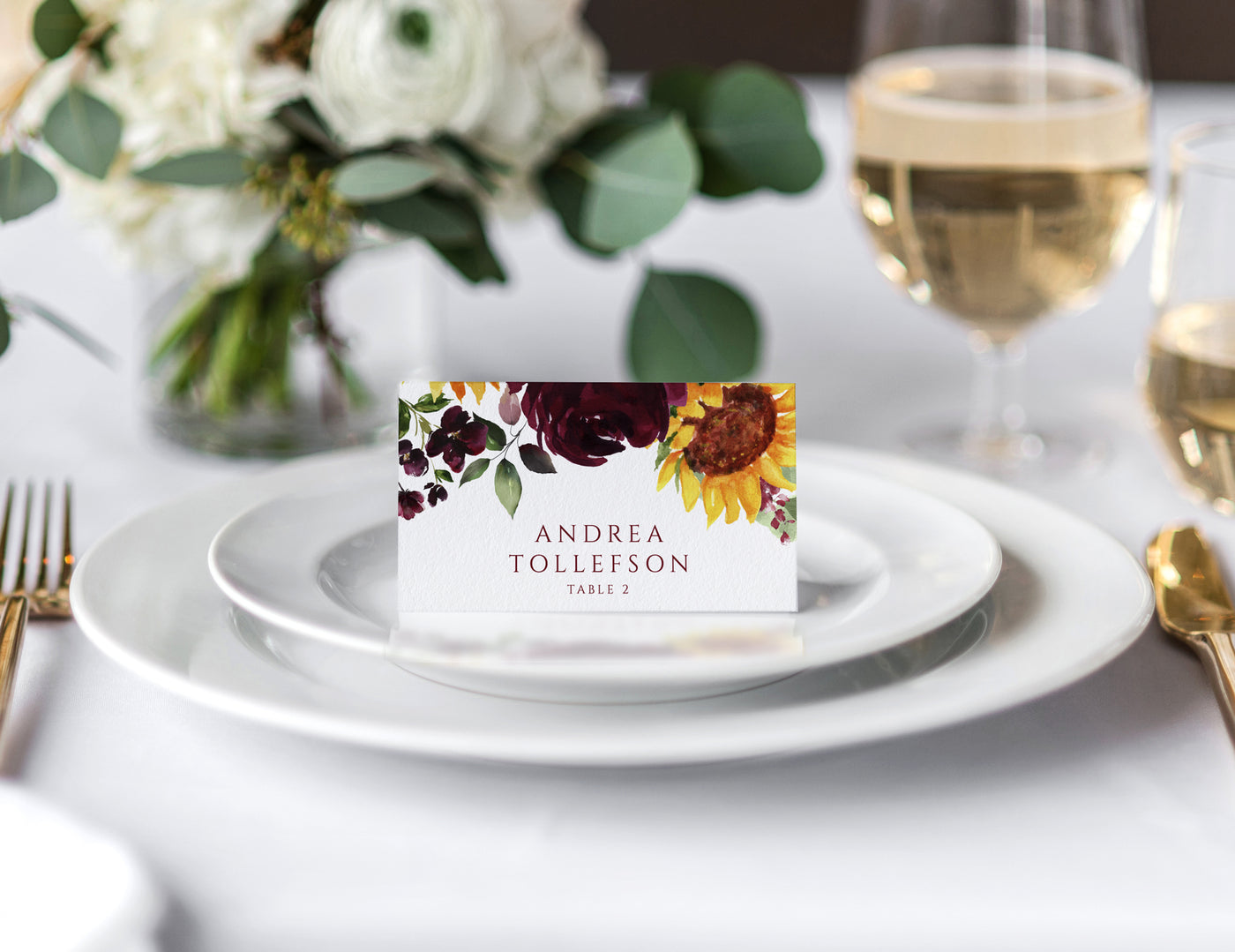 Place Card Template - Sunflowers & Burgundy Roses