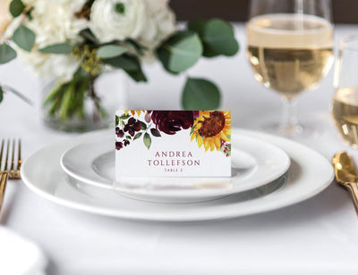 Place Card Template - Sunflowers & Burgundy Roses
