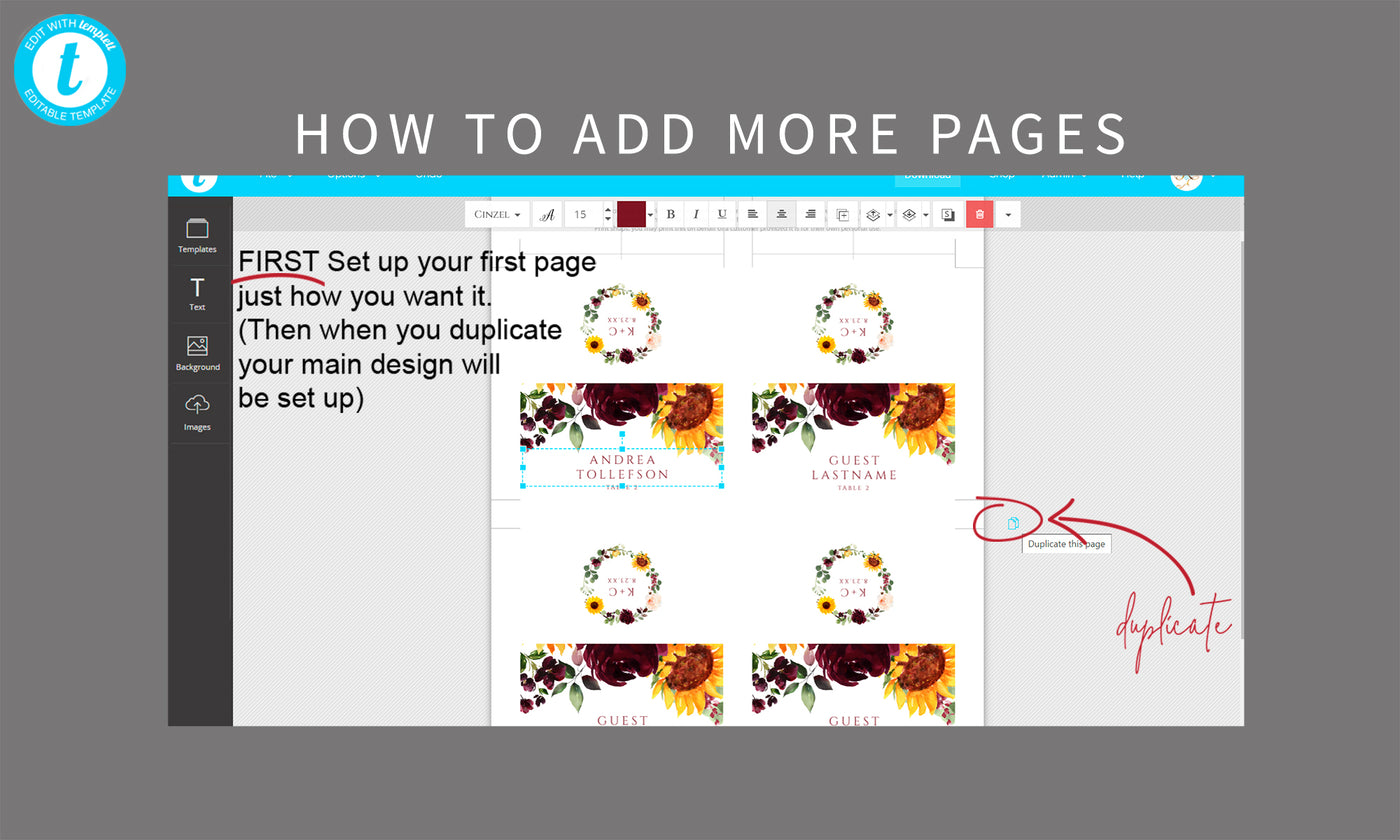 Place Card Template | Sunflowers & Burgundy Red Roses (Tent) - Templett