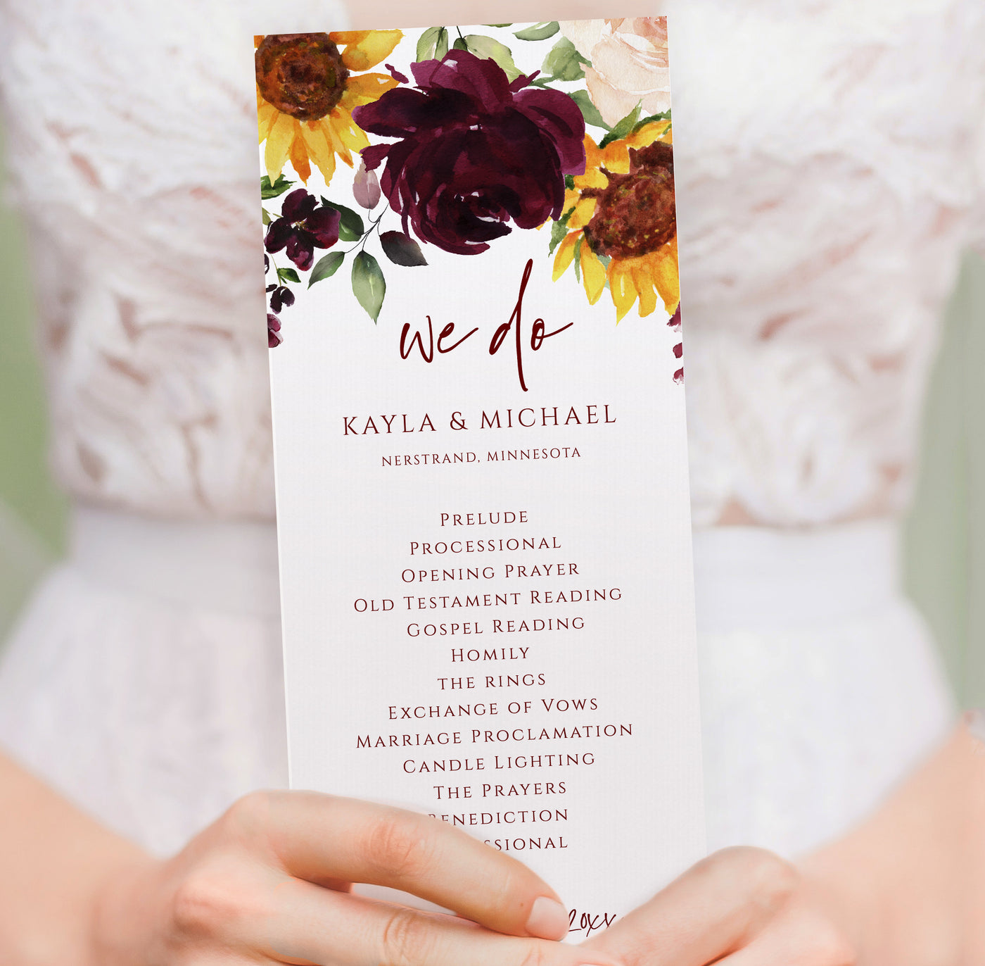 Wedding Program Template | Sunflowers & Burgundy Red Roses | Editable Templett | Tea-Length