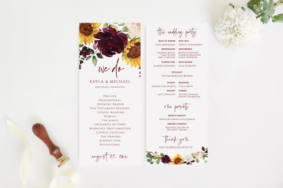 Wedding Program Template | Sunflowers & Burgundy Red Roses | Editable Templett | Tea-Length