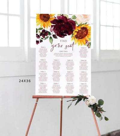 Seating Chart Template | Sunflowers & Burgundy Roses - 24x36 and 18x24 | Templett