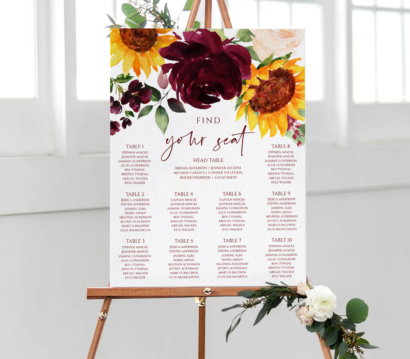 Seating Chart Template | Sunflowers & Burgundy Roses - 24x36 and 18x24 | Templett