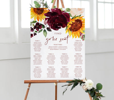 Seating Chart Template | Sunflowers & Burgundy Roses - 24x36 and 18x24 | Templett