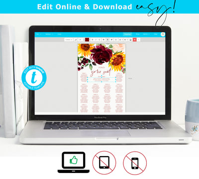Seating Chart Template | Sunflowers & Burgundy Roses - 24x36 and 18x24 | Templett