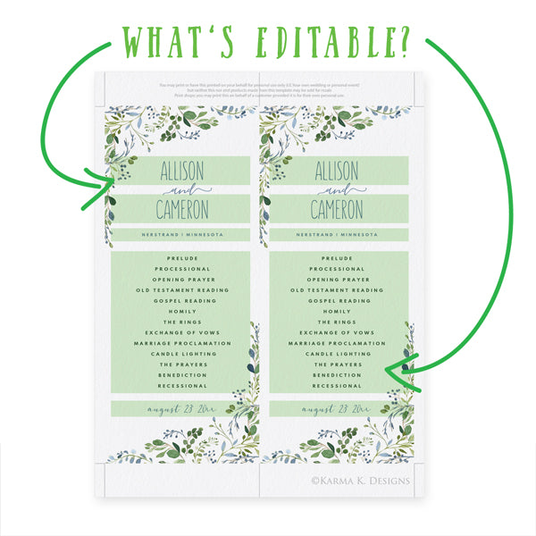 Wedding Programs Template | Tea-Length | Chic Greenery (Editable PDF)