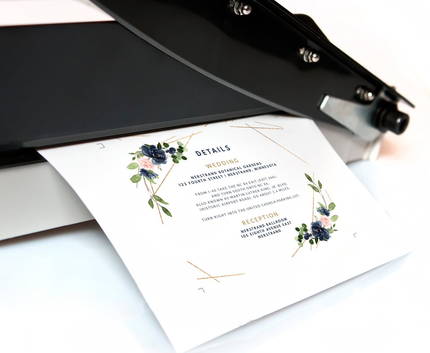 Wedding Details Card Template - Geometric Greenery (Navy & Blush) | Templett