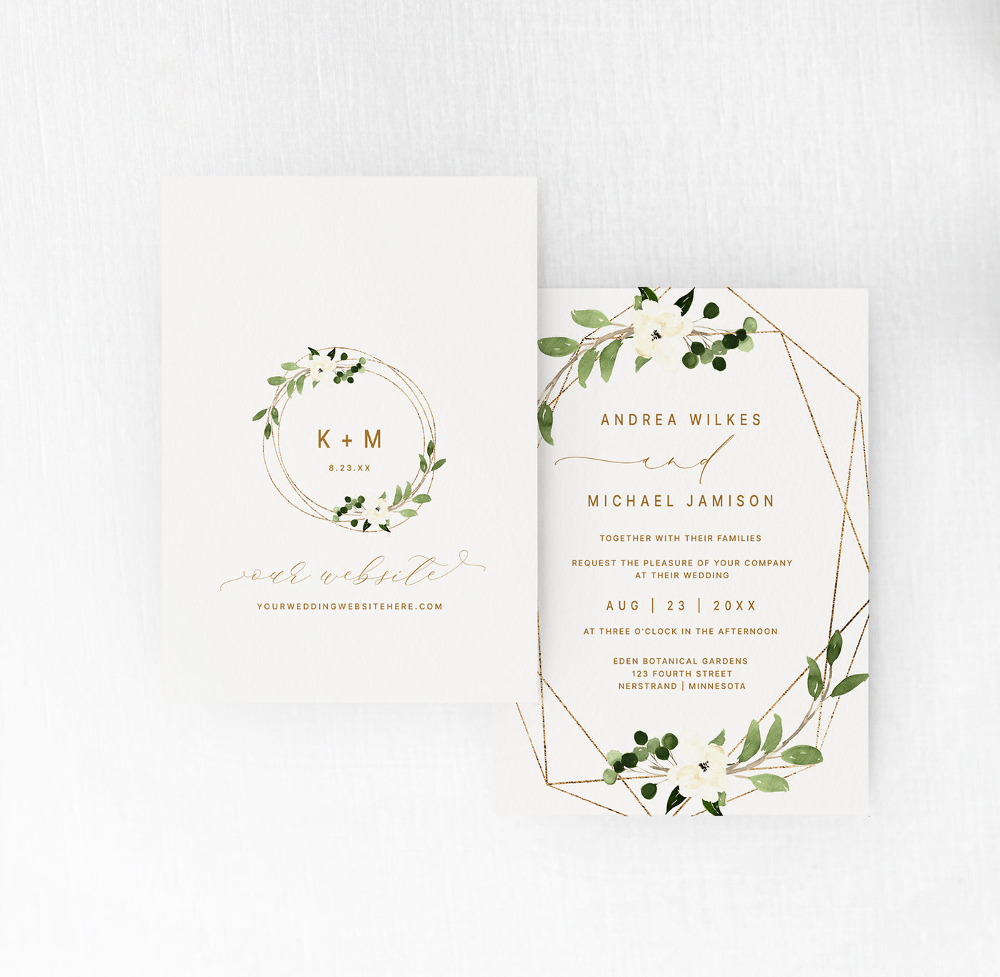 Geometric Greenery Watercolor Wedding Invitations