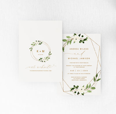 Geometric Greenery Watercolor Wedding Invitations