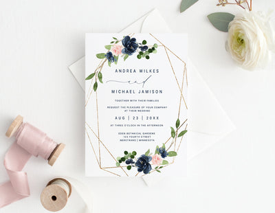 Geometric Wedding Invitations - Navy & Pink