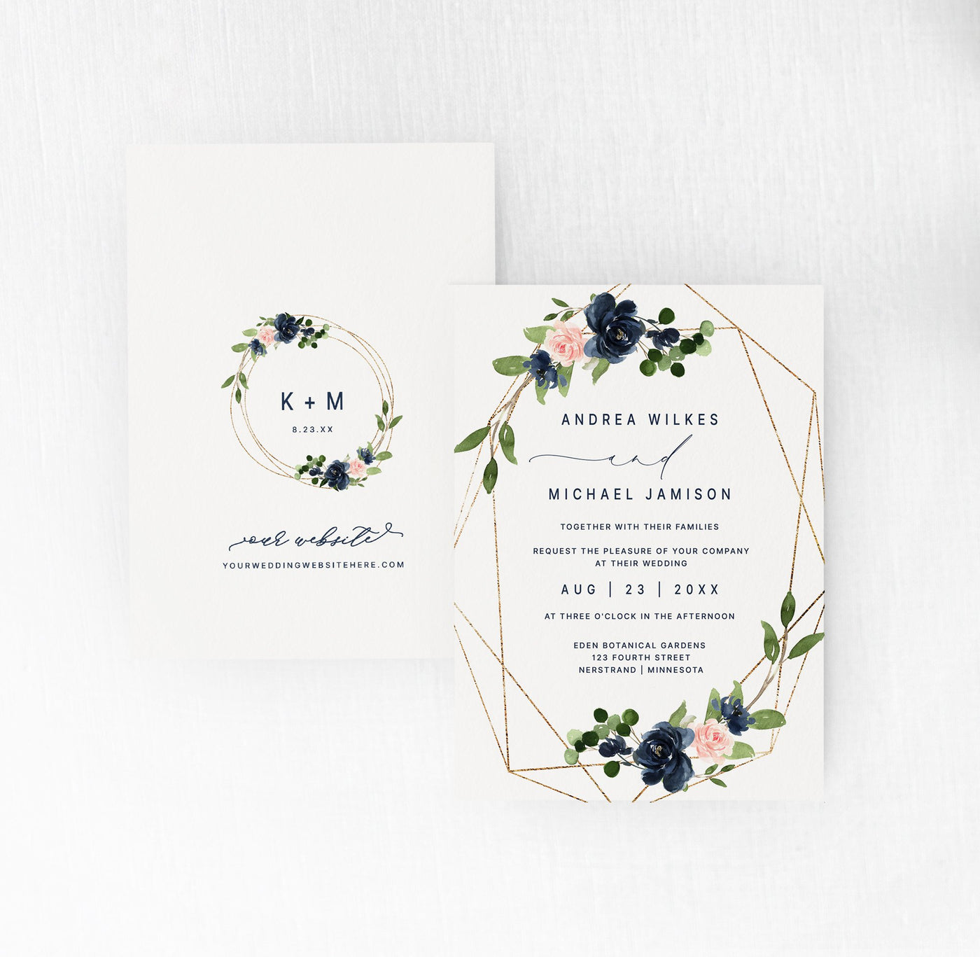 Geometric Wedding Invitations Template - Navy & Blush
