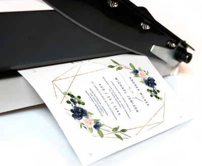 Geometric Greenery Wedding Invitations | Navy & Blush Pink Template | 5 x 7 - Templett