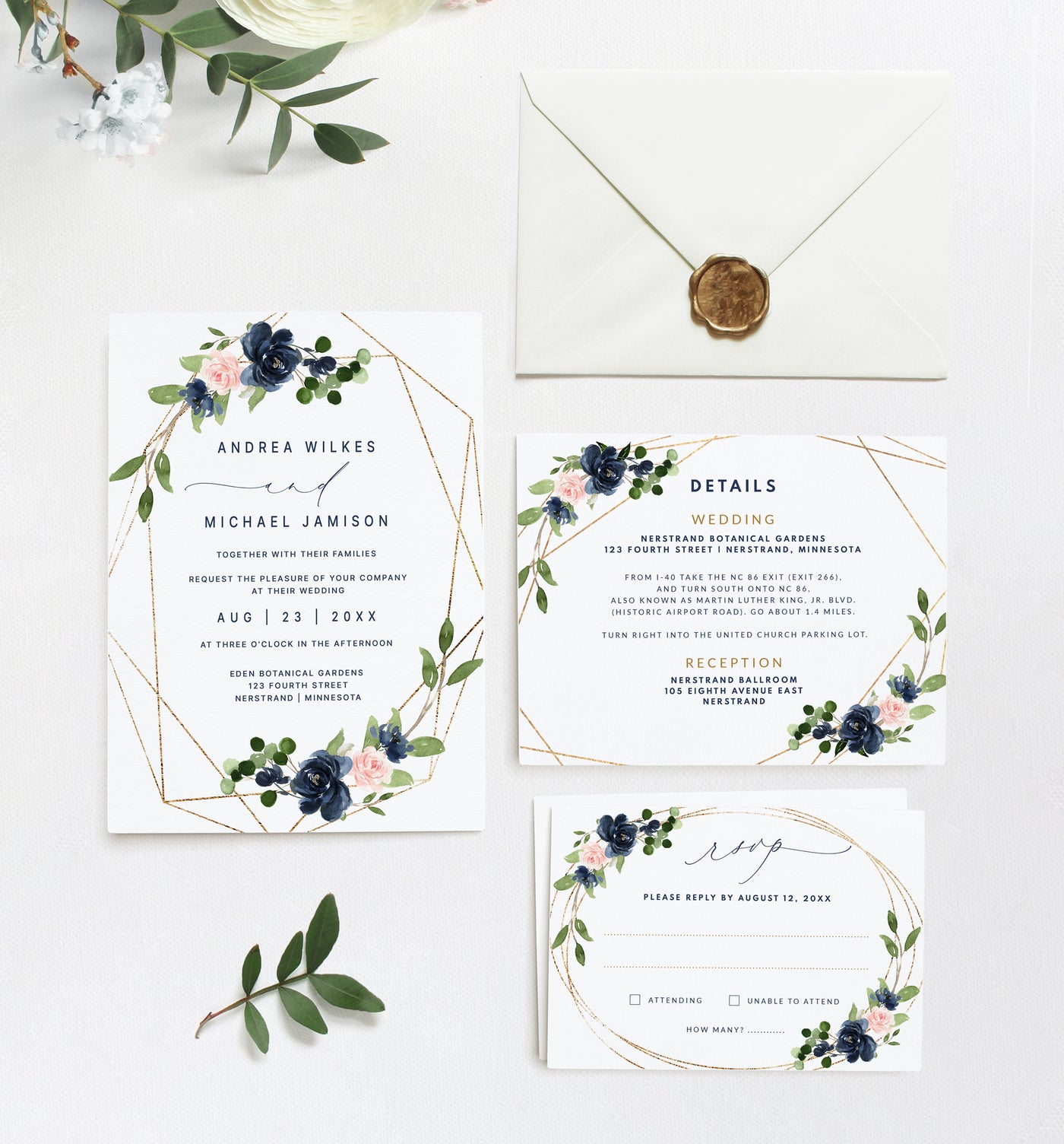 Navy Blush Geometric Wedding Invitation Templates