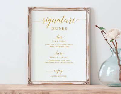 Signature Drinks Sign (8x10) Template (Editable Color) | Romantic Calligraphy (Gold) | Templett