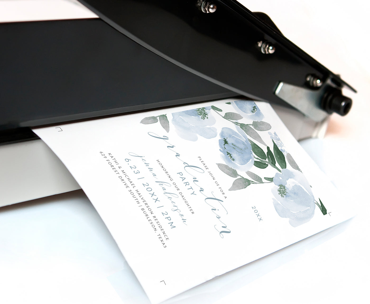 Graduation Invitation Template | 5 x 7 | Soft Dusty Blue & Gray Watercolor Bouquet | Editable PDF