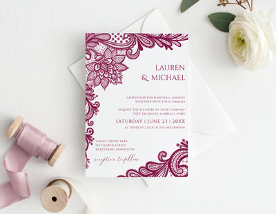 Lace Wedding Invitations - Wine