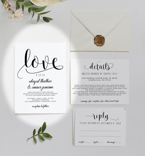 Glitz Calligraphy Wedding Invitation Template | 5 x 7 | Black (Editable PDF)
