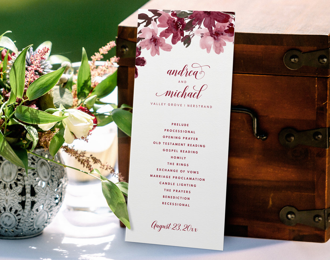 Wedding Programs Template | Marsala Bliss Bouquet | Templett | Tea-Length