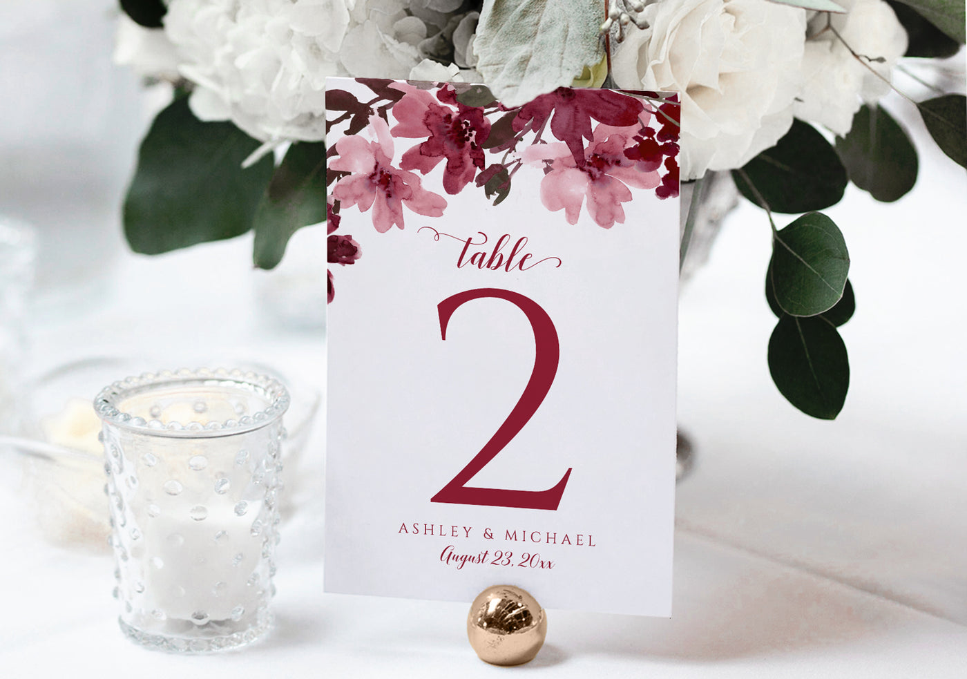 burgundy mauve wedding table numbers