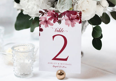 burgundy mauve wedding table numbers